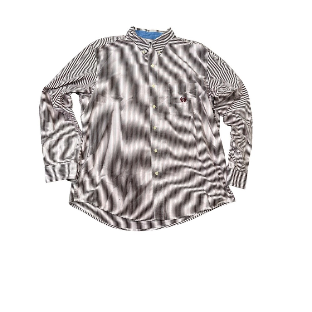 Chaps Mens Easy Care Button Down Shirt Large Burgundy White Striped Long Sleeve